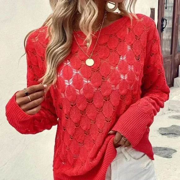 Red Boho Womens Solid Pointelle Knit Sweater - Picture 4 of 5